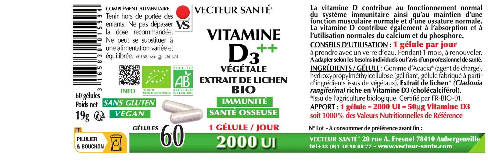 Étiquette de Vitamine D3 2000 UI végétale bio