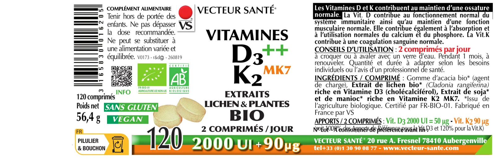 Étiquette de Vitamine D3 bio + K2 MK7 comprimés
